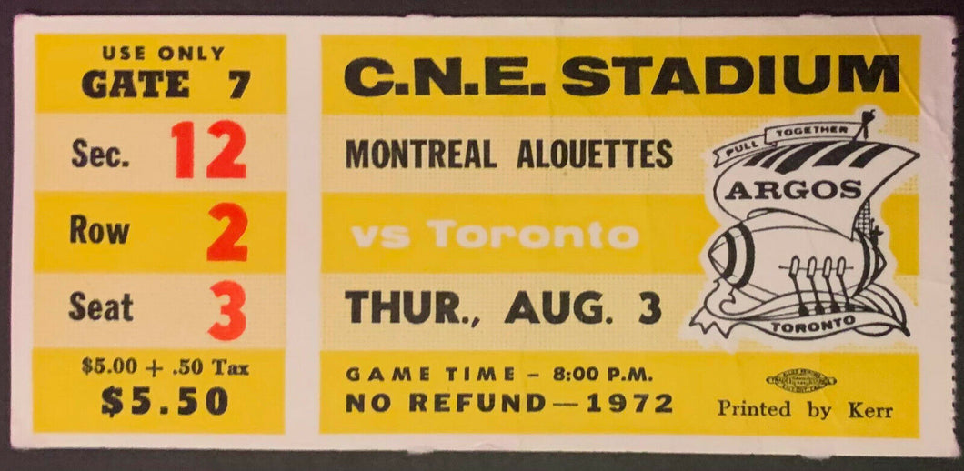 1972 CFL Football Ticket CNE Stadium Montreal Alouettes vs Toronto Argonauts