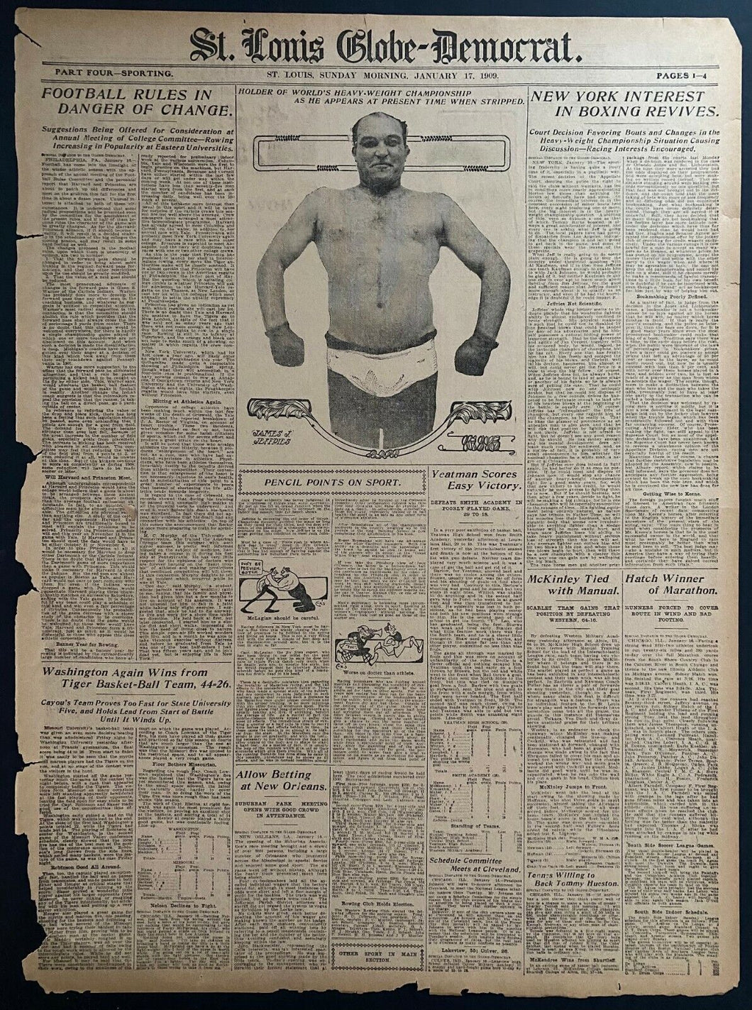 1909 St. Louis Globe Democrat Newspaper Sports Page James J. Jeffries Pictured