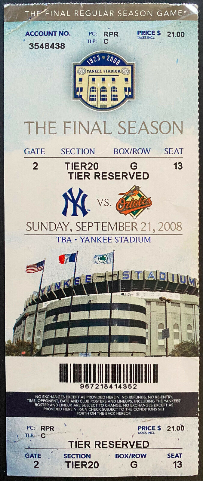 2008 MLB Baseball New York Yankees Yankee Stadium Final Game Season Ticket
