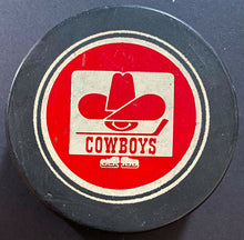 Load image into Gallery viewer, Calgary Cowboys WHA Game Used Hockey Puck c1975-1977 Blank Back Made In Canada
