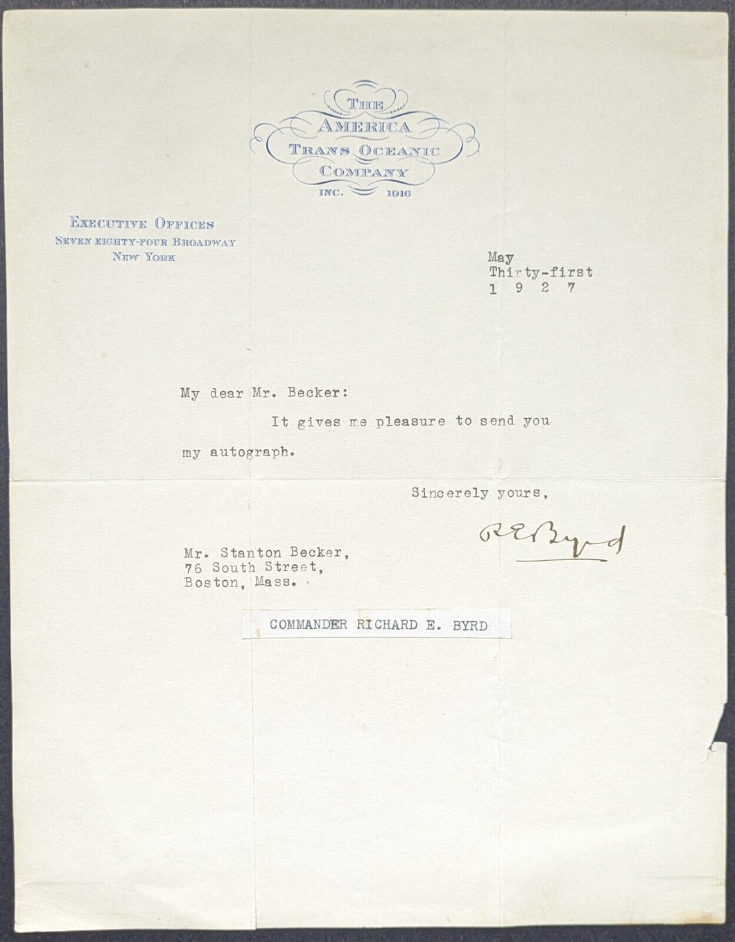 Richard E. Byrd Signed 1927 Letter New York Arctic Explorer Navigator Vintage