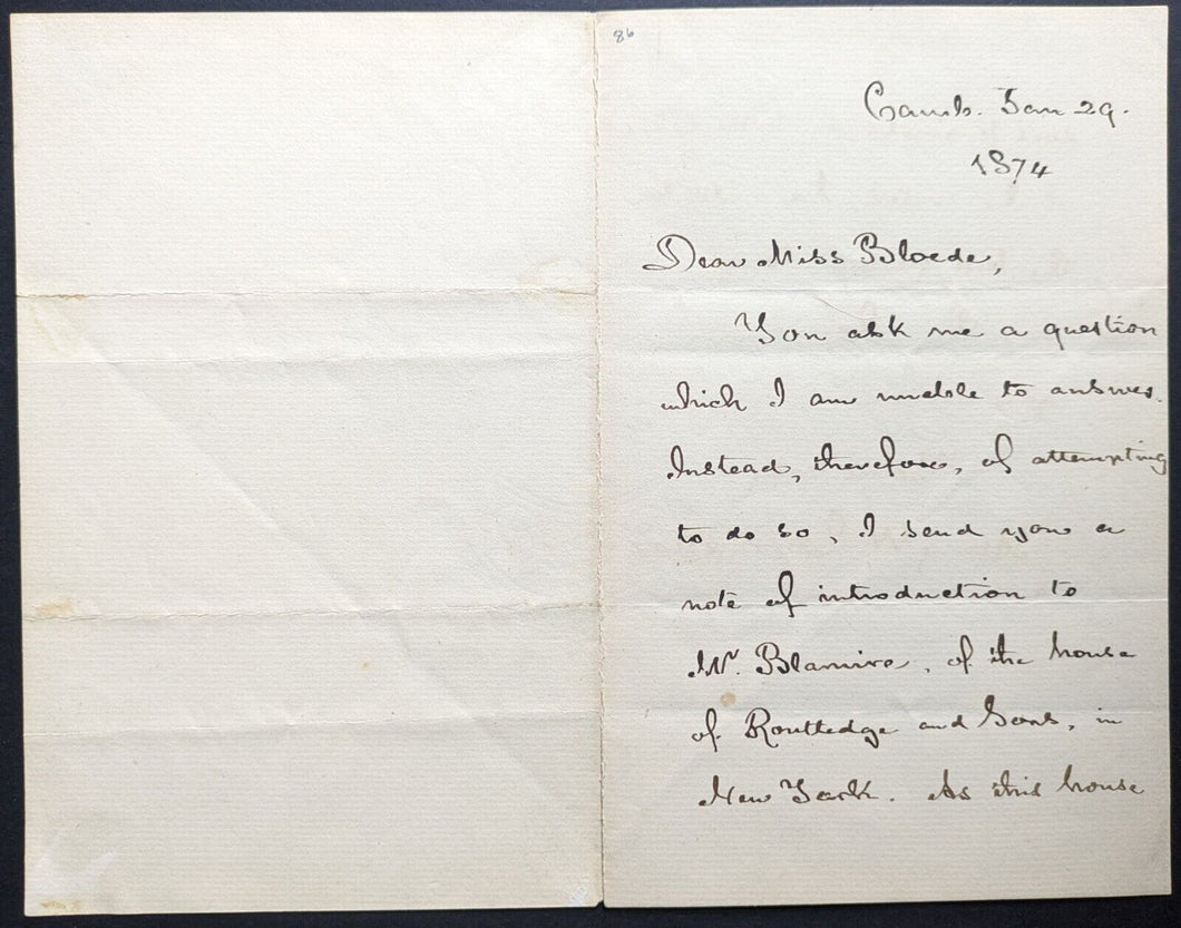 1874 Henry Wadsworth Longfellow Signed Hand Written Letter Autographed JSA LOA
