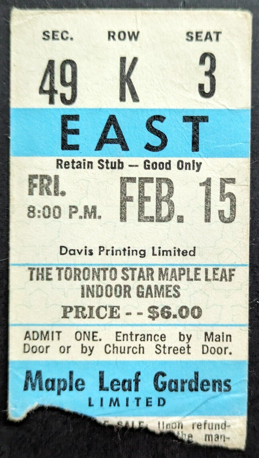1974 Maple Leaf Gardens Ticket Stub Toronto Star Maple Leaf Indoor Games Used