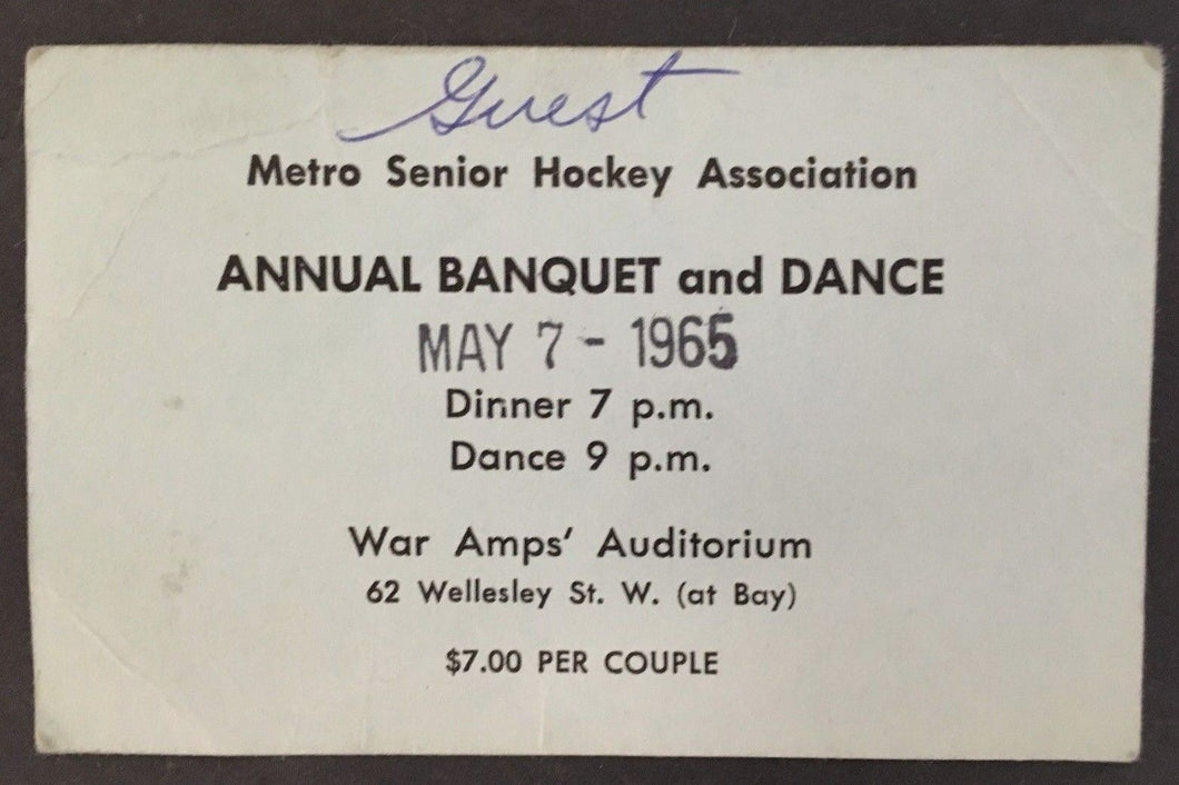 1965 Toronto Hockey Annual Banquet Ticket NHL Oldtimers VTG Hockey