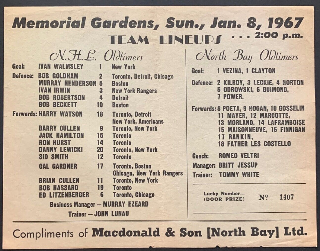 1967 NHL Hockey Old Timers Game Memorial Gardens Scorecard North Bay Old Vintage