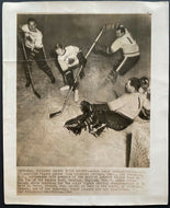 1949 Press Photo 15 Year Old Figure Skater Tries Hockey vs Wembley Monarchs