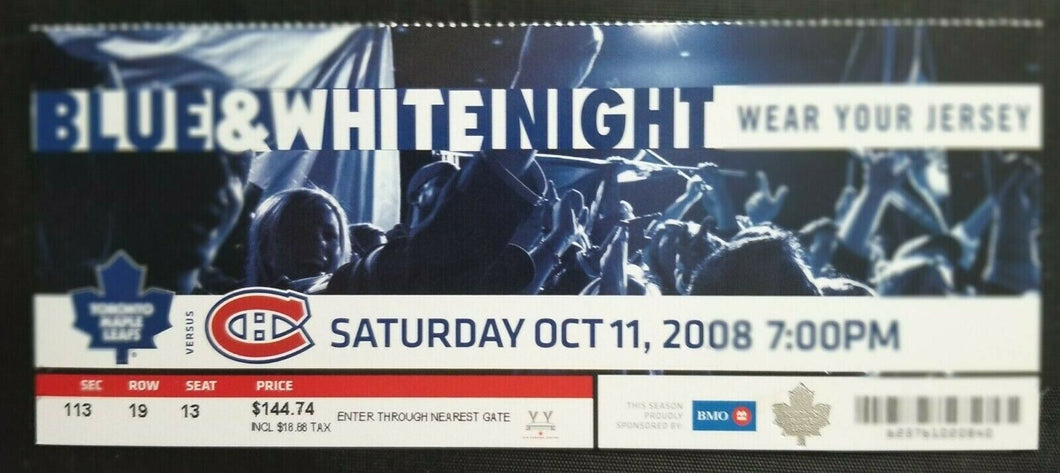 2008 ACC  NHL 1st Game Of Season Ticket Blue & White Night Toronto vs Montreal