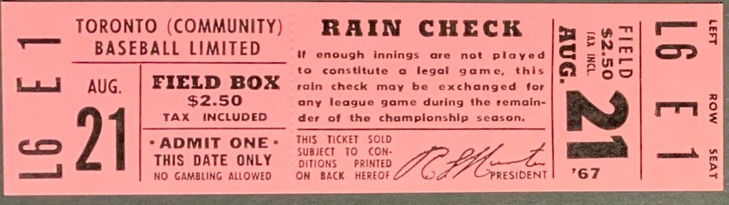 1967 International League Baseball Ticket Toronto Maple Leafs Last Season