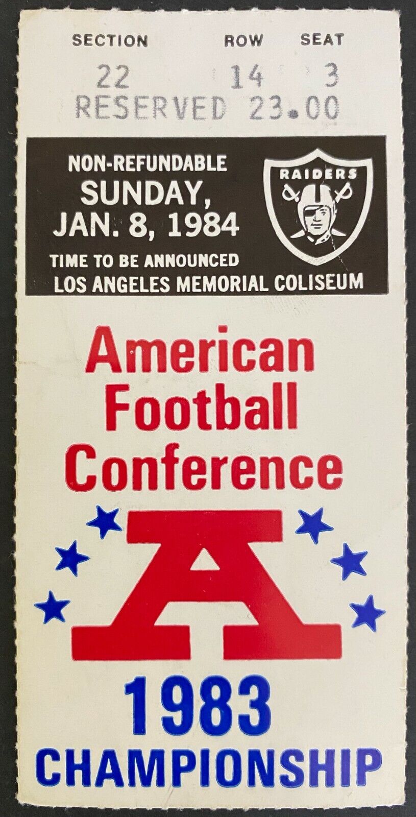 1983 NFL Football AFC Championship Playoffs Ticket Los Angeles Raiders Seahawks