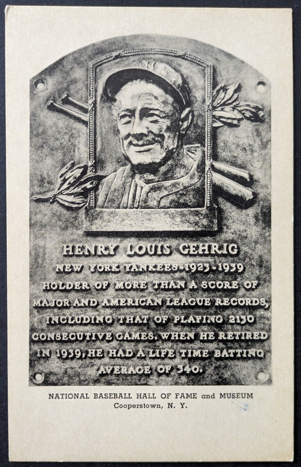 c1944 Lou Gehrig Baseball Hall of Fame Plaque Postcard New York Yankees MLB VTG