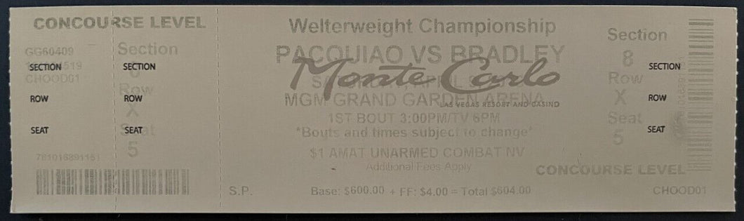 2016 Unused Full Title Fight Ticket Pacquiao v Bradley Welterweight Championship