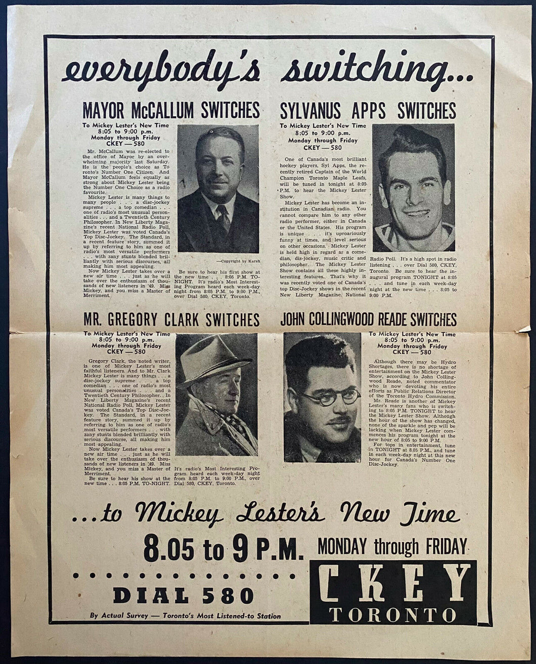 1948 CKEY Toronto Radio Station Rare Point Of Sale Poster Maple Leafs Syl Apps
