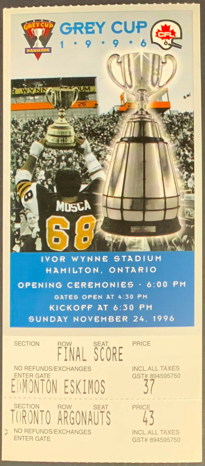 1996 Ivor Wynne Stadium CFL Grey Cup Full Ticket Toronto vs Edmonton Football