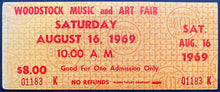 Load image into Gallery viewer, 1969 WOODSTOCK Music + Art Fair Concert Festival Full Ticket Unused Saturday
