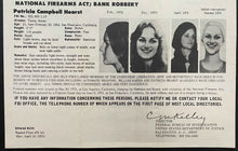 Load image into Gallery viewer, 1975 Patty Hearst Vintage Original FBI Wanted Poster Symbionese Liberation Army
