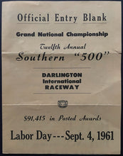 Load image into Gallery viewer, 1961 Original Entry Form NASCAR Southern 500 Darlington Raceway Vintage Racing
