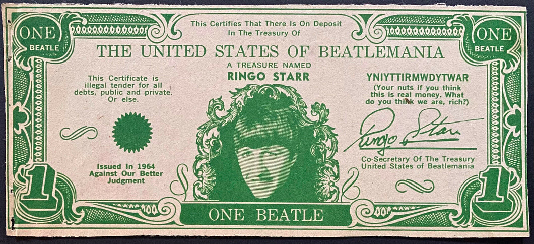 1964 Ringo Starr United States Of Beatlemania $1 Bill Beatles Novelty Fab 4