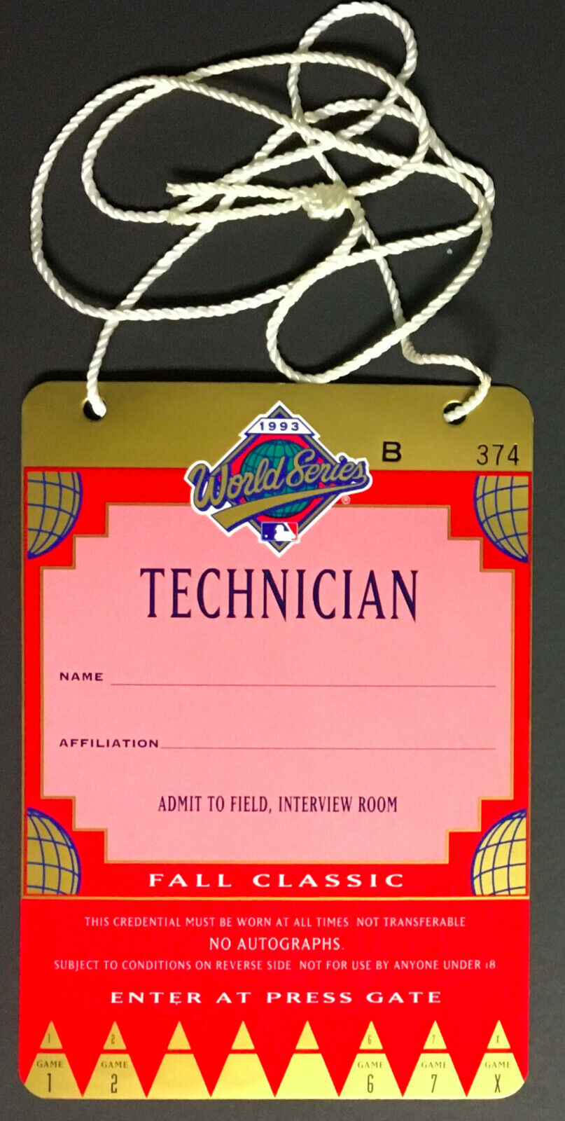 1993 World Series Baseball Technician Credentials Games 1,2,6 Toronto Blue Jays