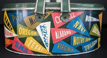 Load image into Gallery viewer, 1940s College Pennant Lunch Pail Tin Box Notre Dame Ohio Alabama Vintage NCAA
