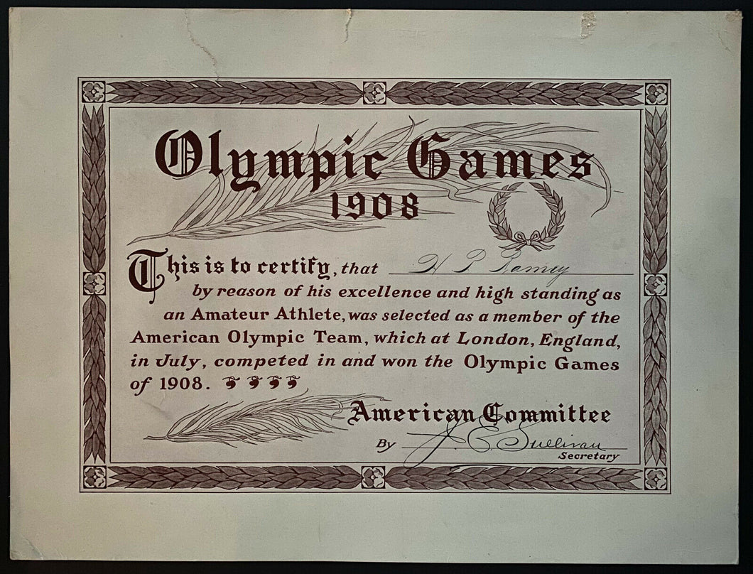 Rare 1908 London Olympics Team USA Diploma Signed By Edward James Sullivan LOA