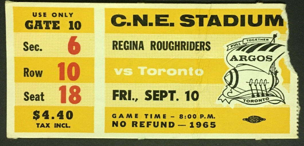 1965 C.N.E. Stadium CFL Vintage Football Ticket Regina vs Toronto Argos