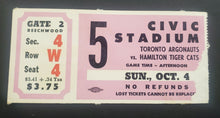 Load image into Gallery viewer, 1970 Civic Stadium Toronto Argonauts vs Hamilton Tiger Cats CFL Ticket

