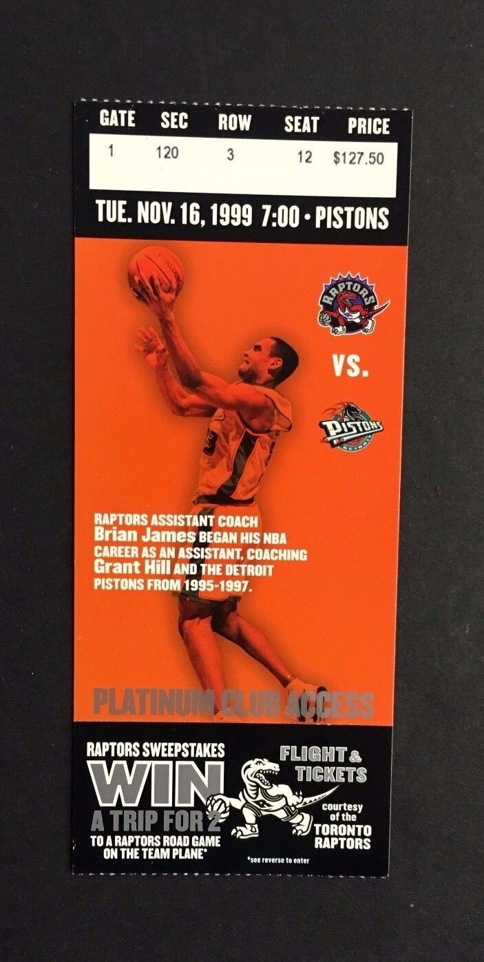 1999 Toronto Raptors Basketball Platinum Club Access Ticket Grant Hill Pictured