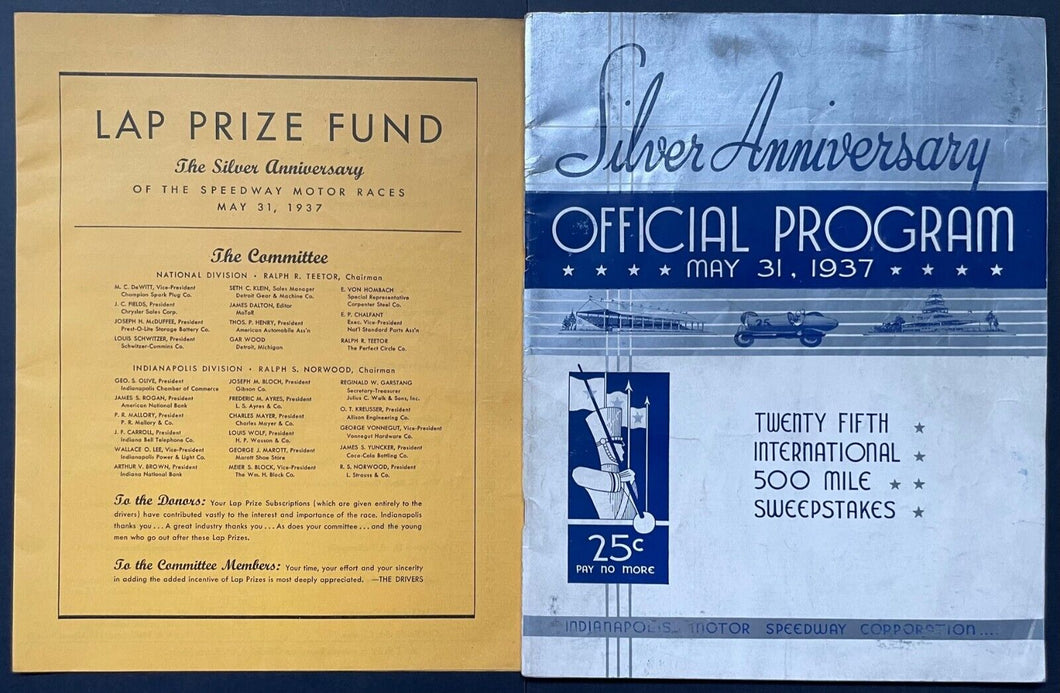 1937 Indy 500 25th Anniversary Program + Lap Scorecard Wilbur Shaw Indianapolis