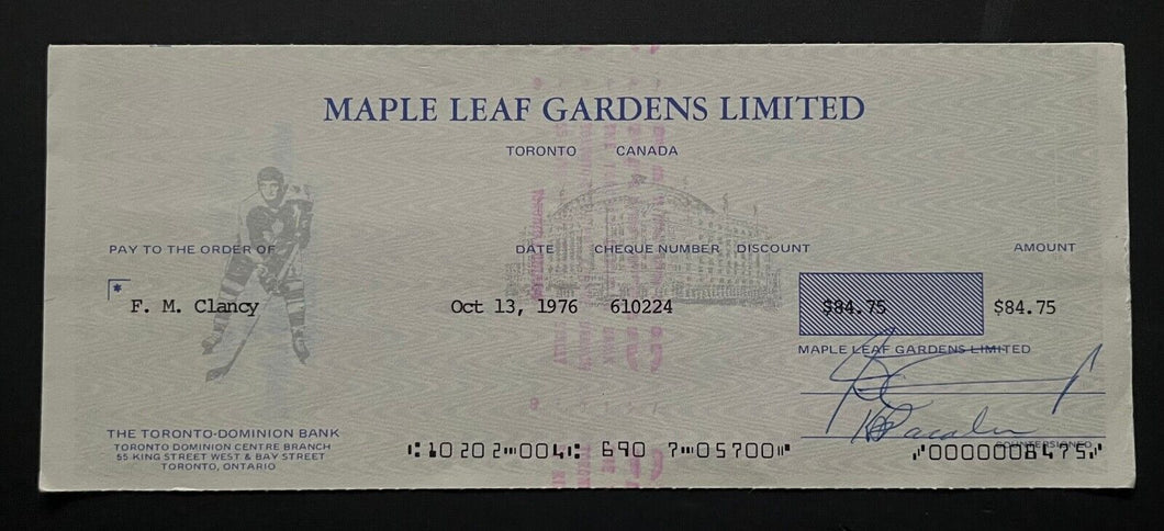 1976 Maple Leaf Gardens Donald Crump Signed Cheque Frank King Clancy Autographed