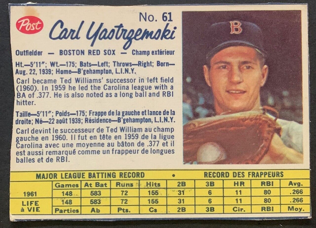 1962 Carl Yastrzemski White Back Canadian Post Trading Card #61 Boston Red Sox