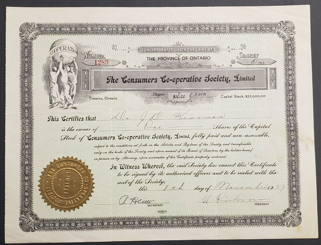 1937 Share Certificate For Consumers Co-Op in Timmins / Porcupine #1289 Ontario