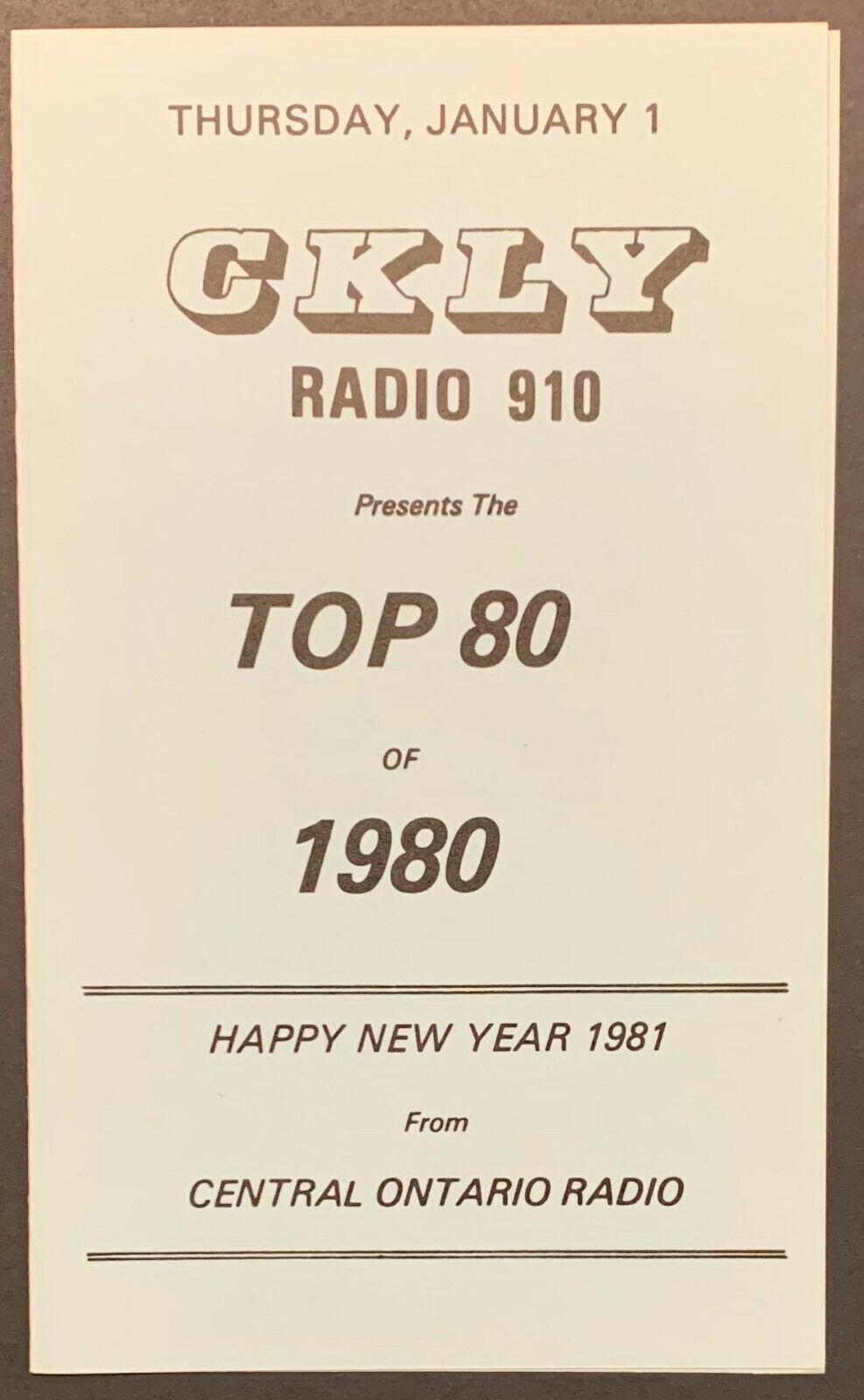 1980 CKLY Chart Radio Survey Ontario Canada Music New Year 1981 Pink Floyd