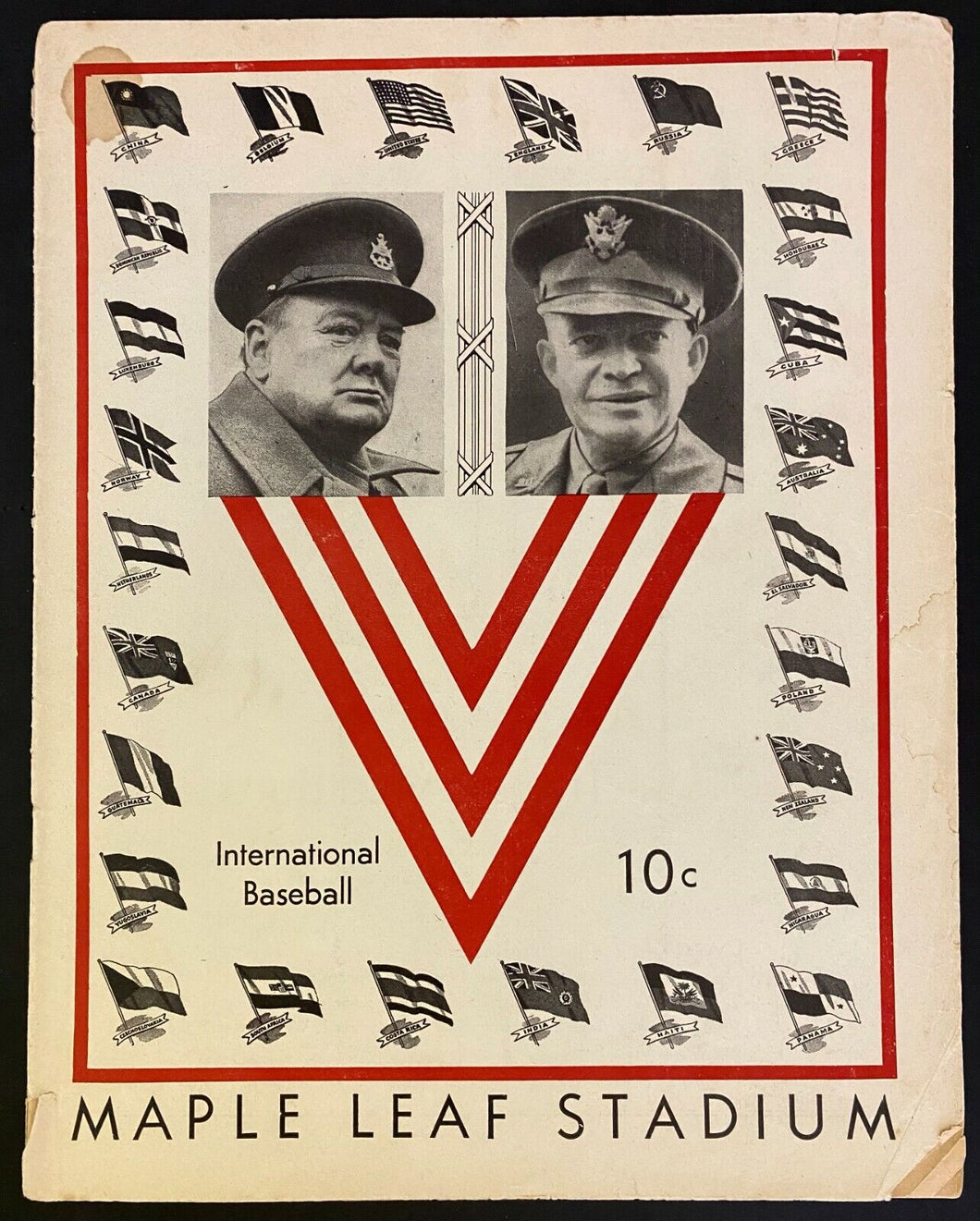 1945 IL Baseball Program Toronto Maple Leafs Eisenhower + Churchill on Cover