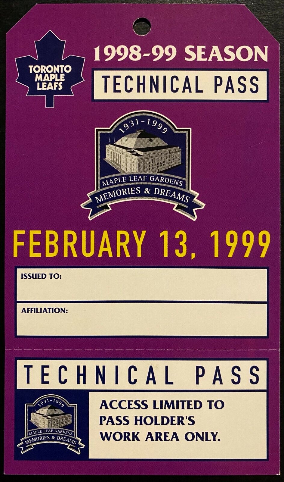 1999 NHL Hockey Leafs Technical Pass Maple Leaf Gardens Last Game Toronto