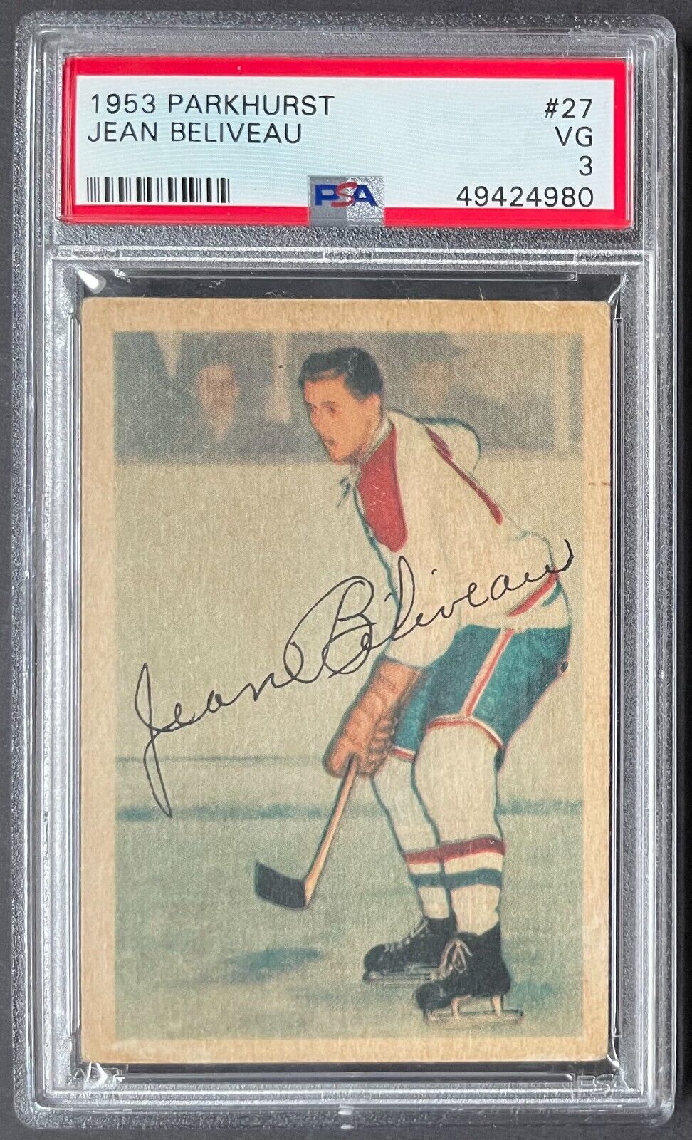 1953 Parkhurst #27 Jean Beliveau NHL Hockey Card RC Montreal Canadiens PSA 3 VG