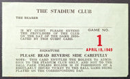 1949 New York Yankees Stadium Club Pass Casey Stengel 1st Game Manager Baseball