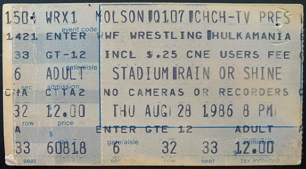WWF Wrestling Hulkamania Aug 28 1986 Ticket Stub The Big Event CNE Toronto