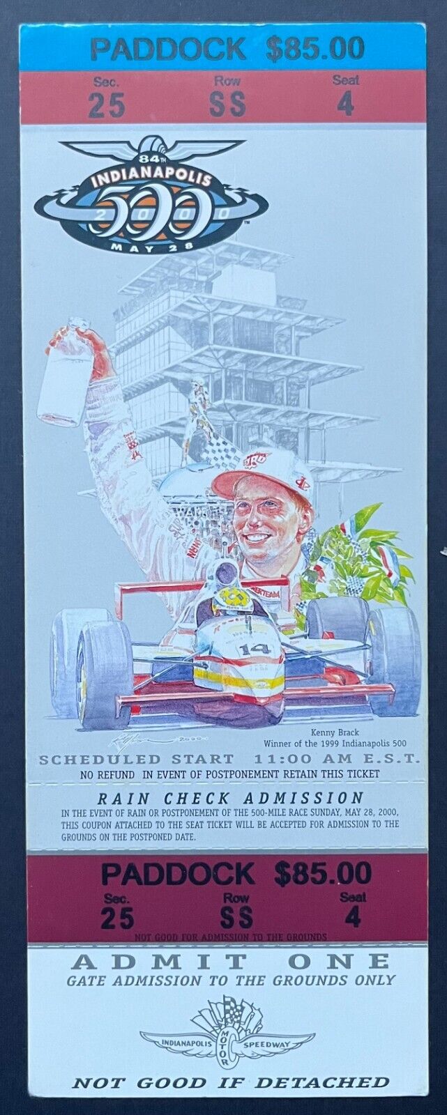 2000 Indy 500 Ticket + Parking Pass Indianapolis Motor Speedway Kenny Brack