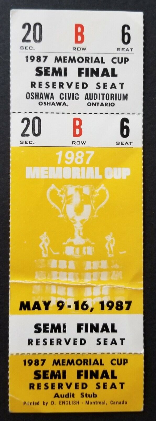 1987 Memorial Cup Hockey Semi-Final Ticket Ottawa Civic Auditorium