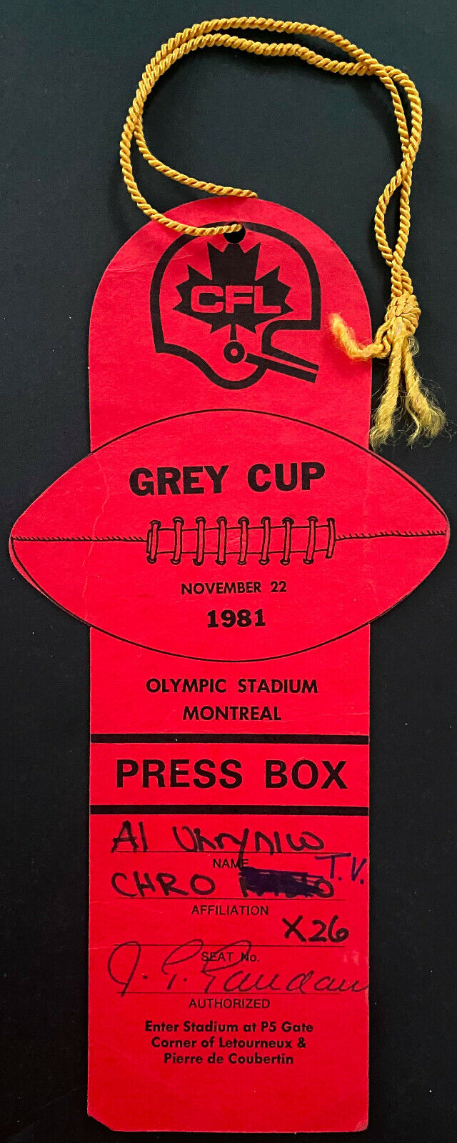 1981 CFL Grey Cup Football Press Box Pass Ticket Olympic Stadium Montreal