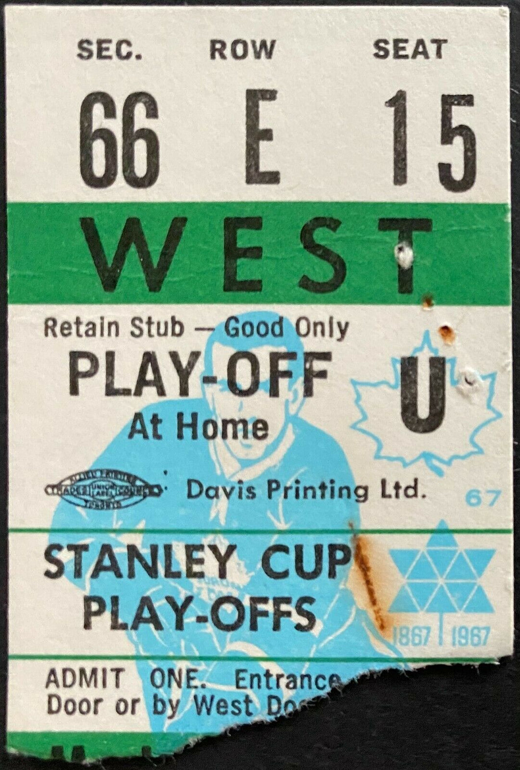 1967 NHL Hockey Ticket Stub Toronto Maple Leafs Stanley Cup Semis Clinching Game