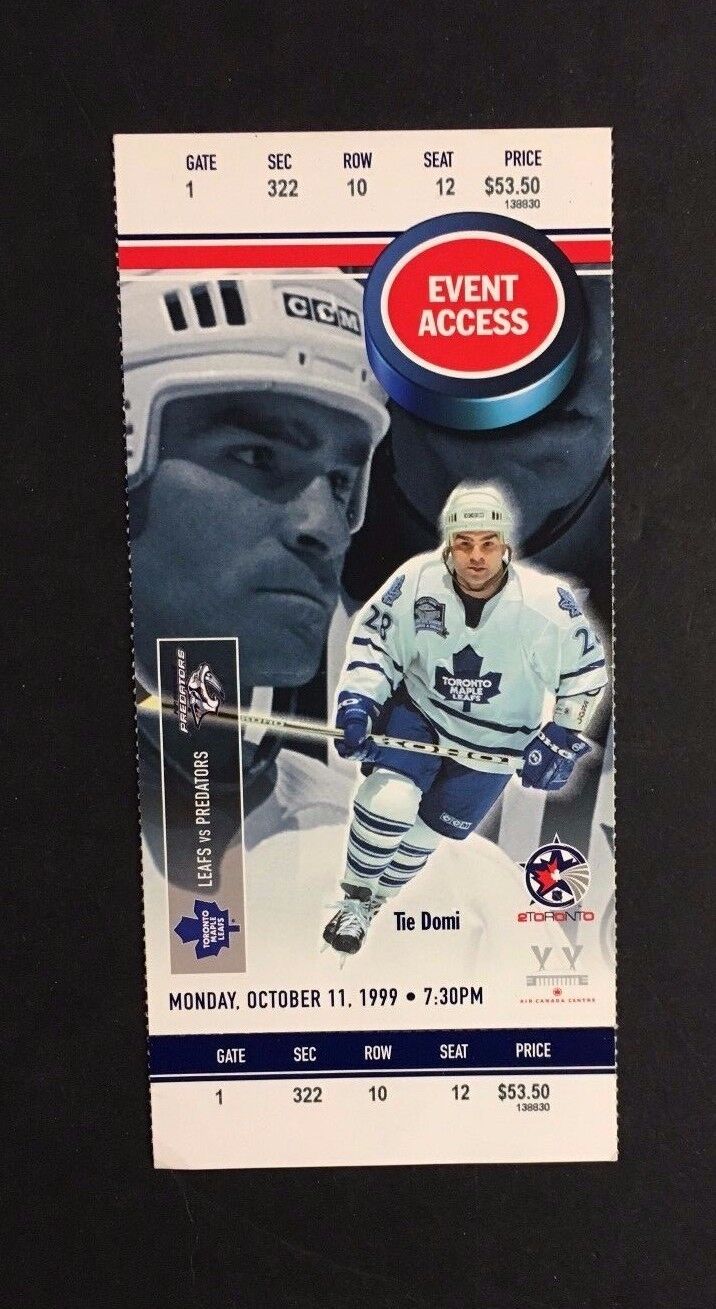 1999 Toronto Maple Leaf NHL Hockey Regular Season Ticket Vs Predators Tie Domi