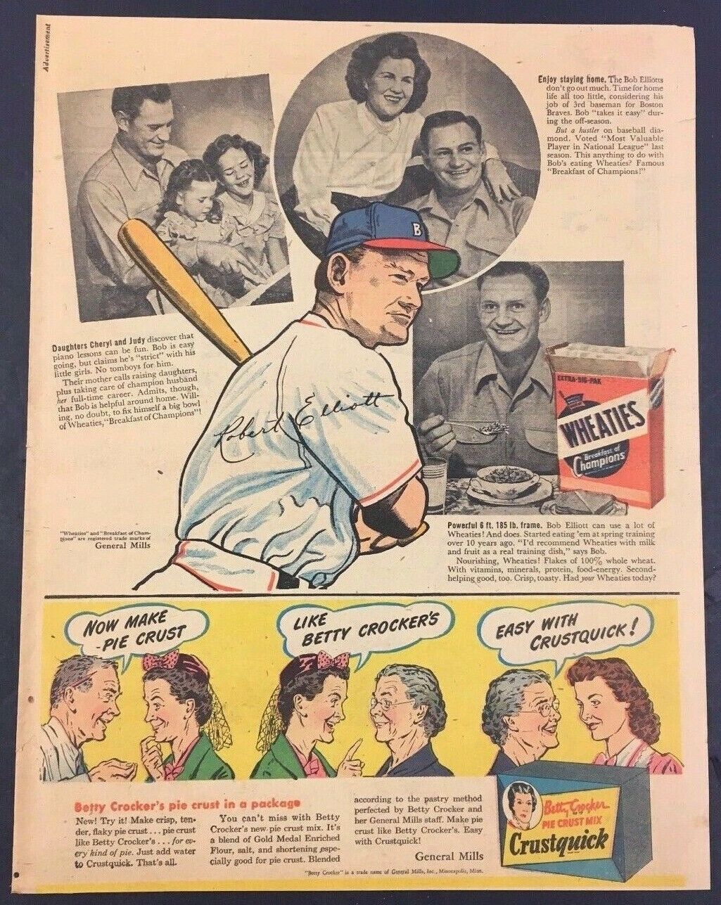 1948 Boston Braves MLB Baseball Promo Bob Elliot Wheaties Vintage Advertising