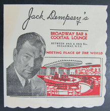 Load image into Gallery viewer, Circa 1940s Jack Dempsey&#39;s Broadway Bar NY City Unused Cocktail Napkin Boxing
