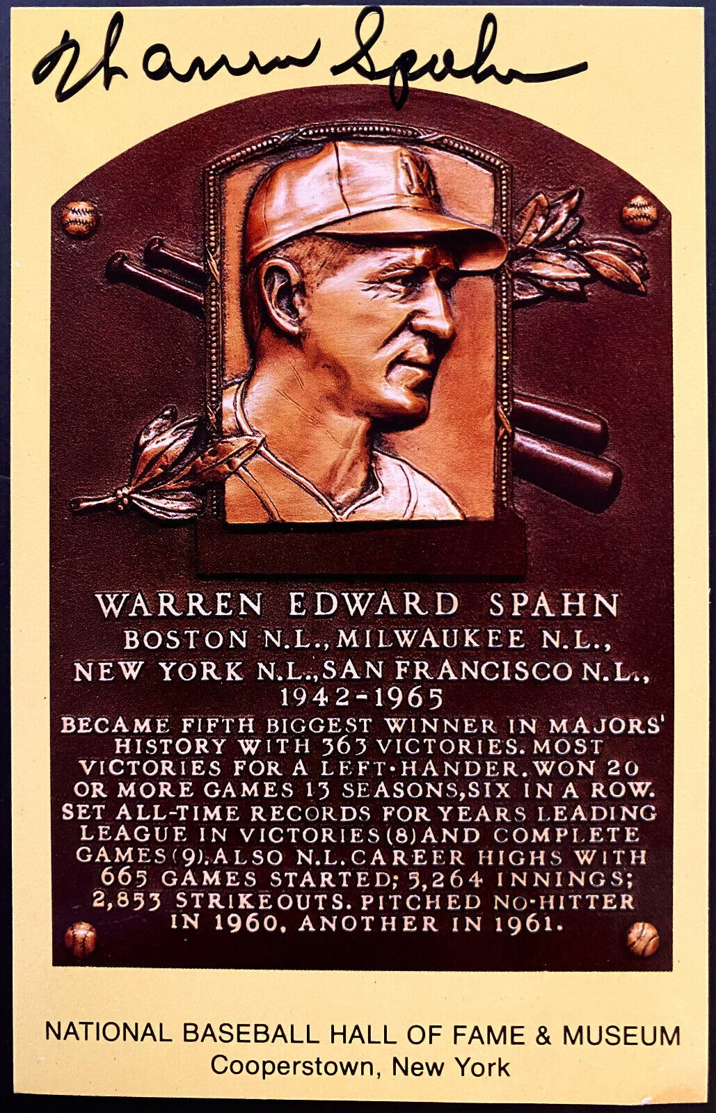 Warren Spahn Autographed Yellow Hall Of Fame Plaque Postcard MLB Baseball JSA