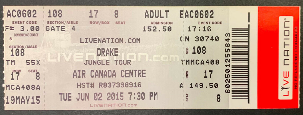 June 02 2015 Drake Jungle Tour Full Unused Ticket Air Canada Centre