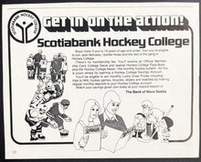 Load image into Gallery viewer, 1970s Scotiabank Hockey College 3 Unused Stickers+T Shirt Transfer+Vintage Ad
