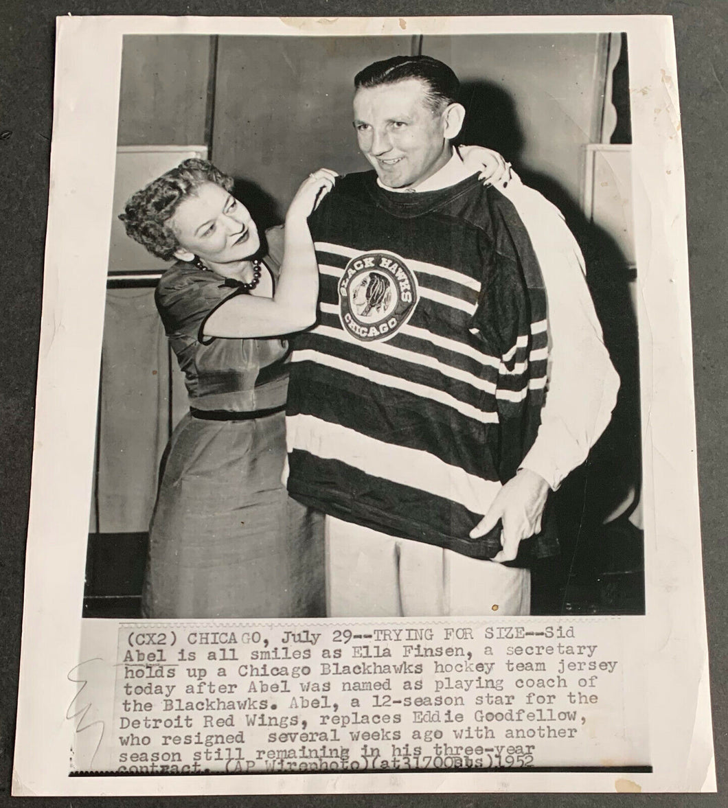 1952 Chicago Blackhawks Associated Press Wire Photo Sid Abel Named New Coach