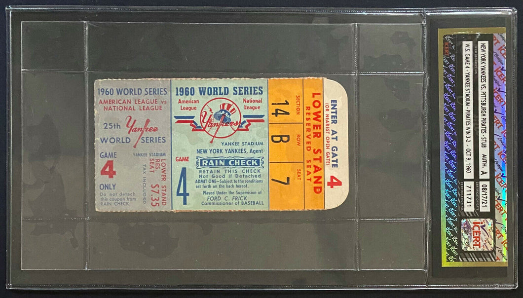 1960 World Series Game 4 Ticket Stub Yankee Stadium New York Authenticated iCert