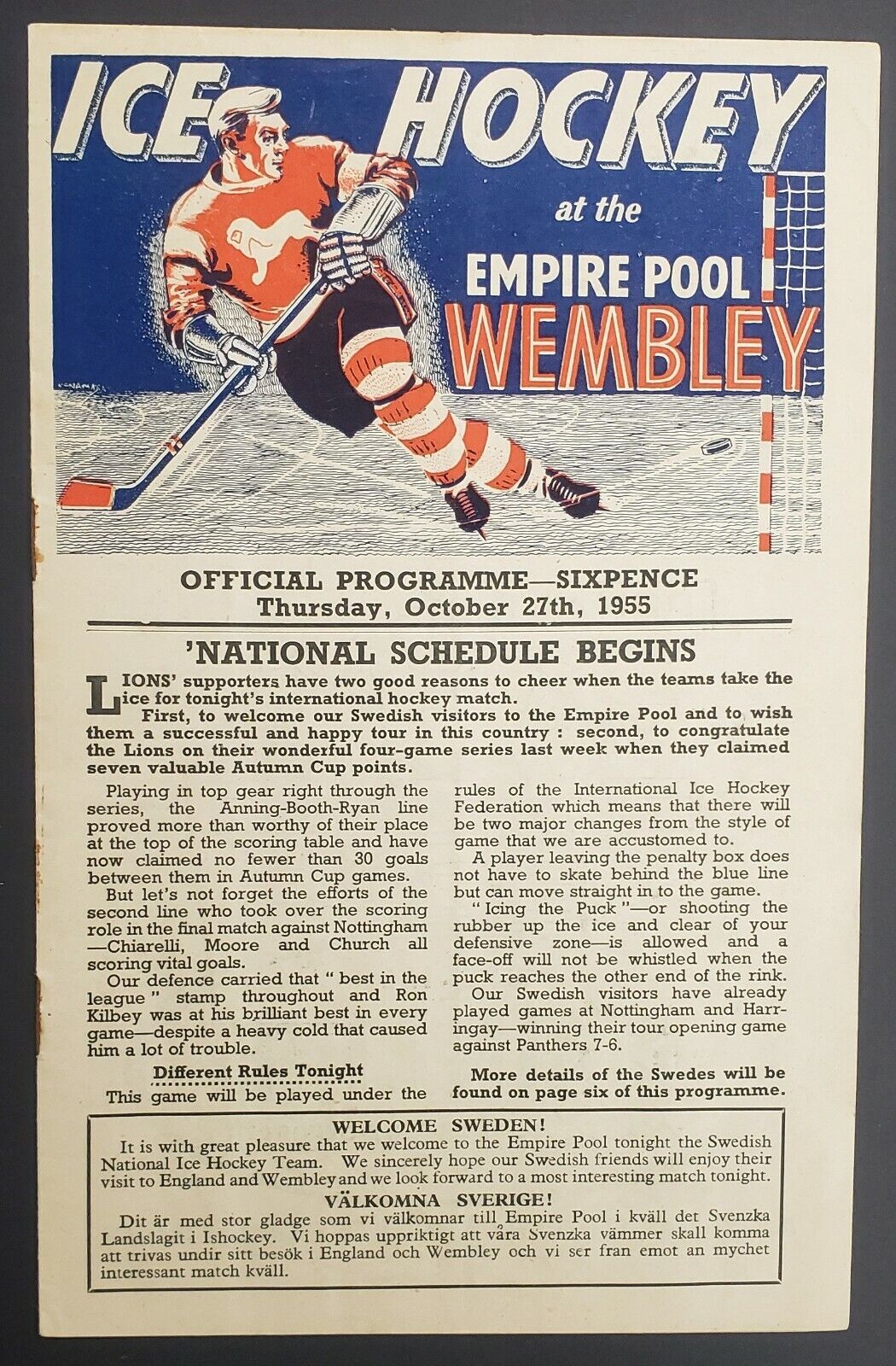 1955 Rare International Hockey Program Swedish National Team vs Wembley Lions UK